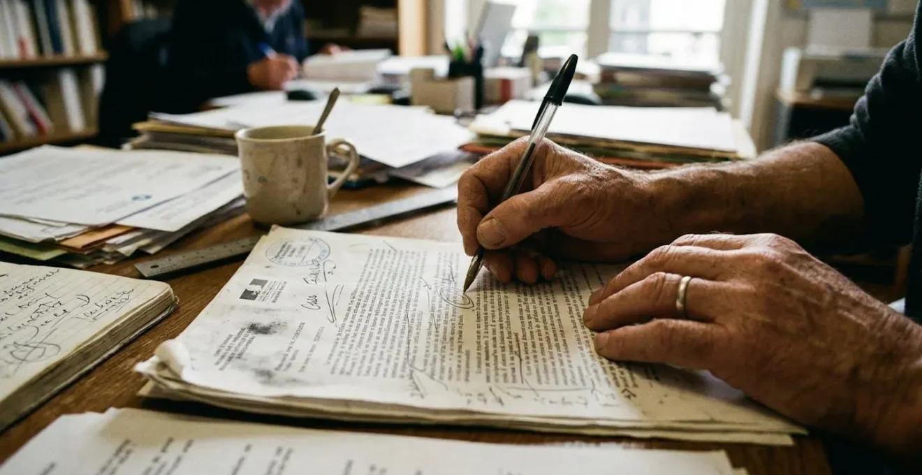 Mains annotant un document officiel avec un stylo sur un bureau avec des papiers éparpillés