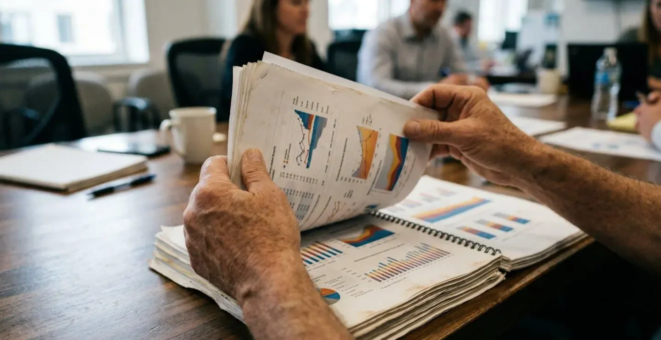 Mains feuilletant des documents financiers sur une table de réunion avec des graphiques imprimés et un stylo