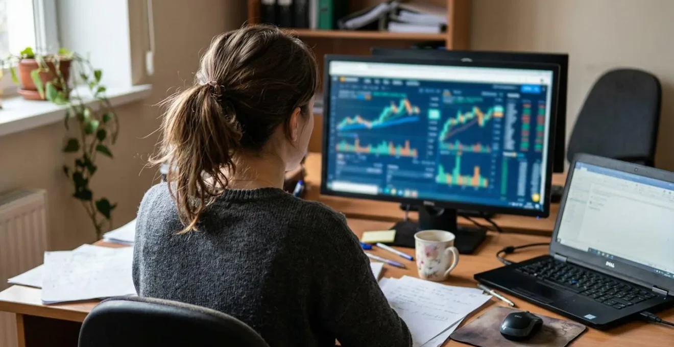 Une personne de dos consulte des graphiques financiers sur un écran d'ordinateur dans un bureau avec une fenêtre éclairée