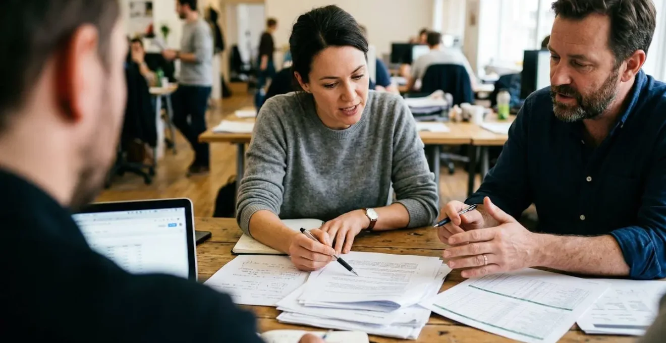 Trois personnes discutent autour d'une table de réunion avec des documents et un ordinateur portable ouvert, dans une salle éclairée par la lumière naturelle