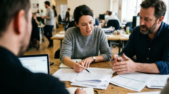 Trois personnes discutent autour d'une table de réunion avec des documents et un ordinateur portable ouvert, dans une salle éclairée par la lumière naturelle