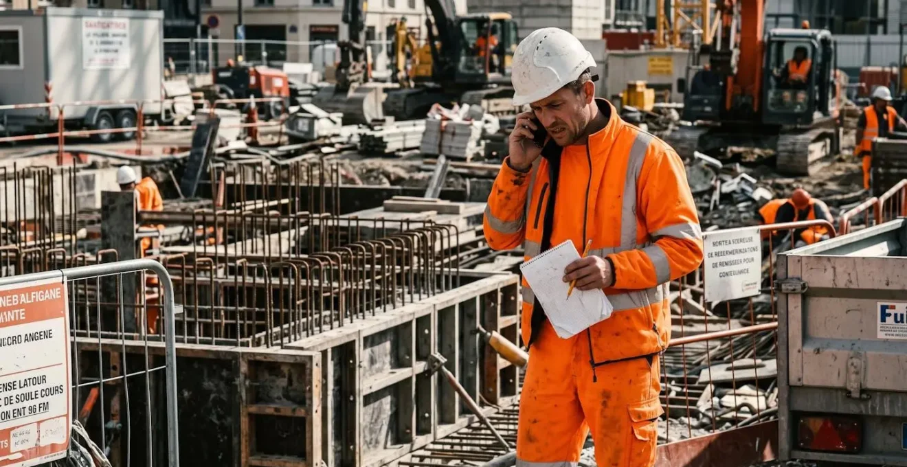 Chef de chantier au téléphone tenant carnet papier froissé, debout sur chantier avec coffrages et armatures métalliques, expression tendue et contrariée