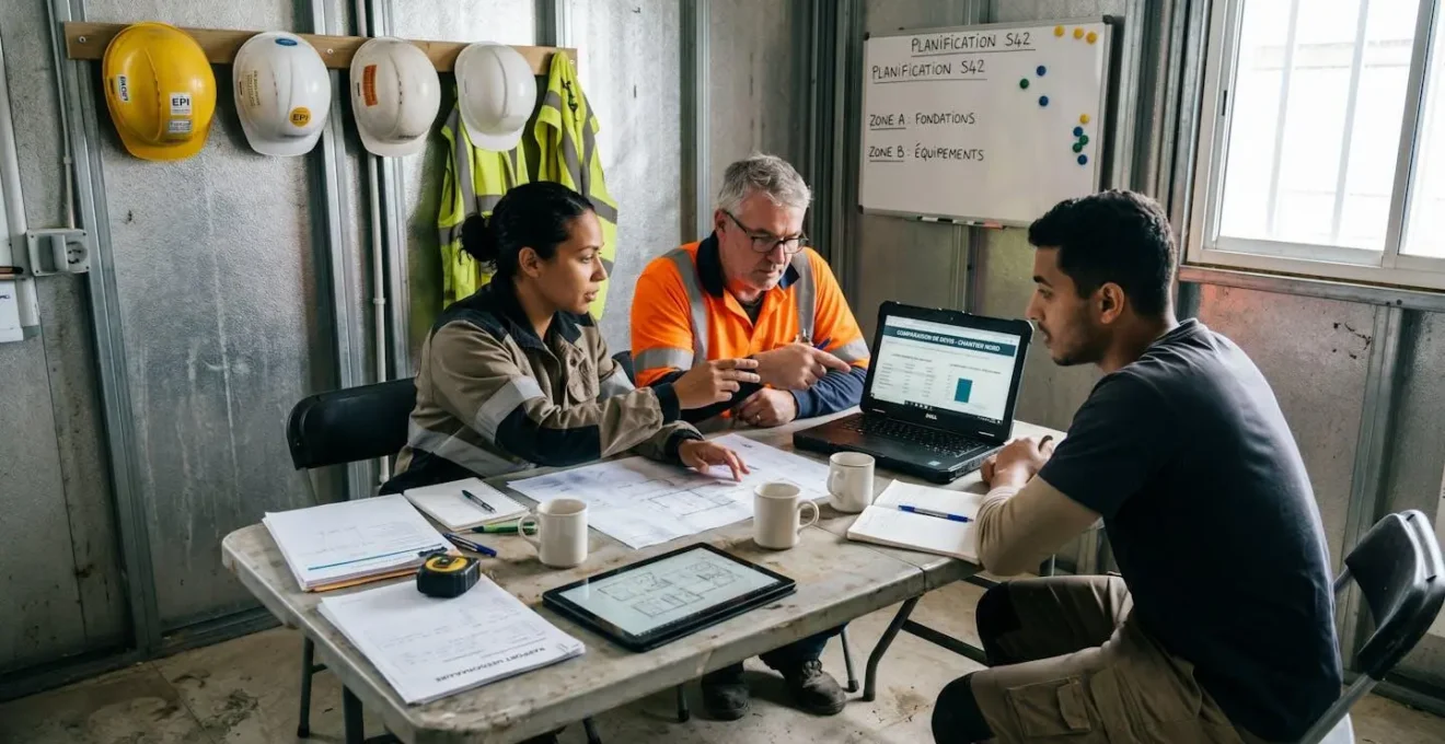 Réunion de trois personnes dans préfabriqué de chantier autour de table avec ordinateur portable, documents et tablette, casques de sécurité accrochés au mur, discussion collaborative