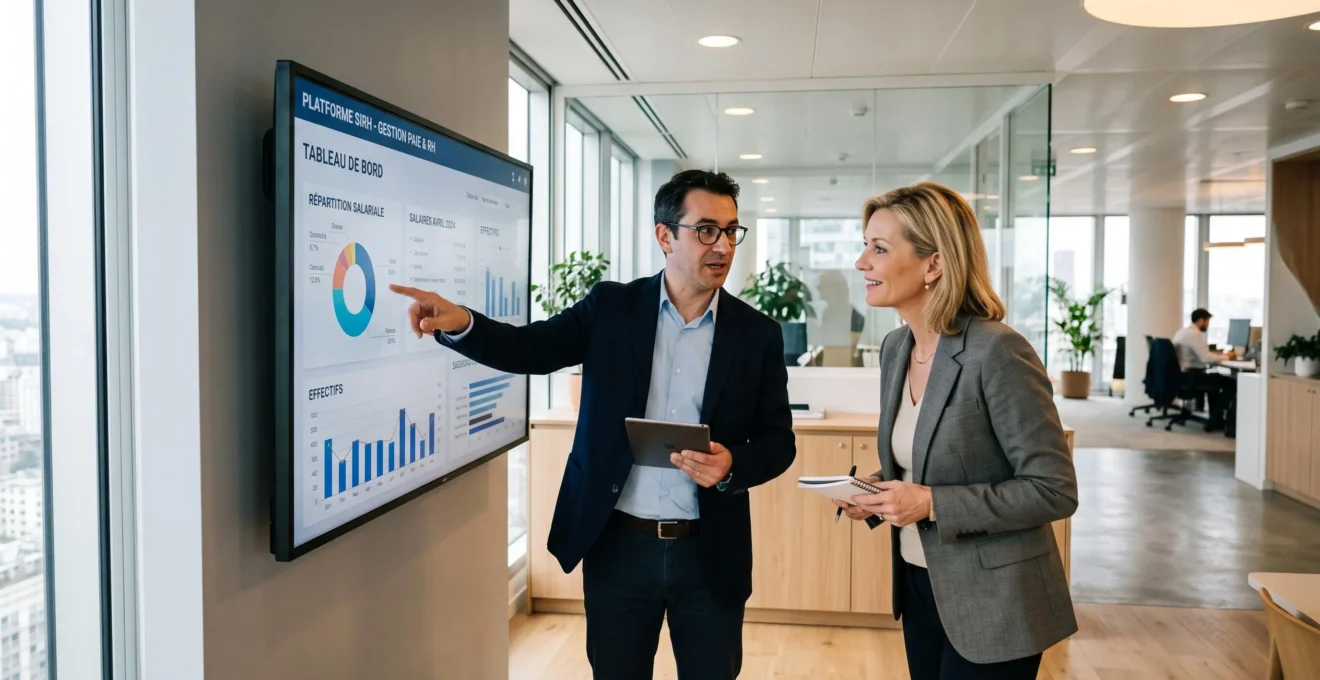 Une directrice des ressources humaines et une gestionnaire de paie observent une démonstration de plateforme de gestion RH et paie sur un écran dans une salle de réunion