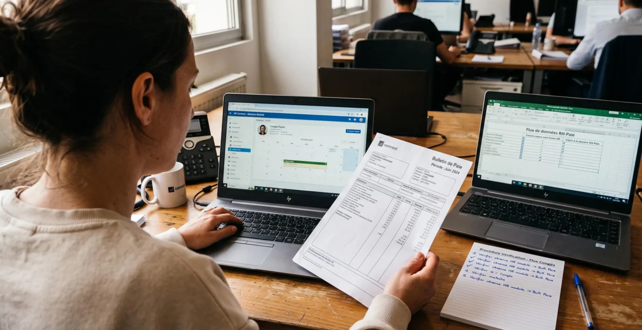 Une gestionnaire de paie compare un bulletin de paie imprimé avec un écran d'ordinateur portable lors d'une démonstration de logiciel RH