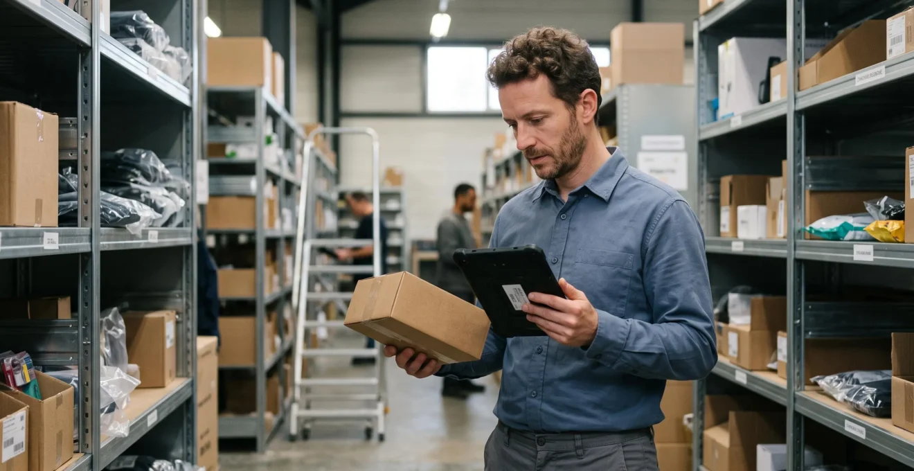 Responsable qualité des données vérifiant la conformité des informations produits dans un espace logistique e-commerce